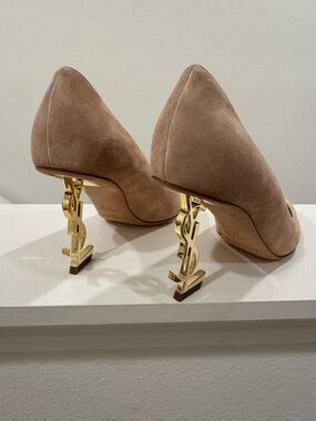Saint Laurent Beige Suede Opyum Pumps with Gold YSL Heels